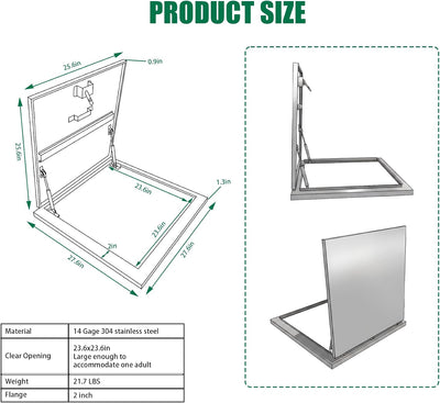 Escotilla techo 24x24pulg acero inox 304 puerta seguridad