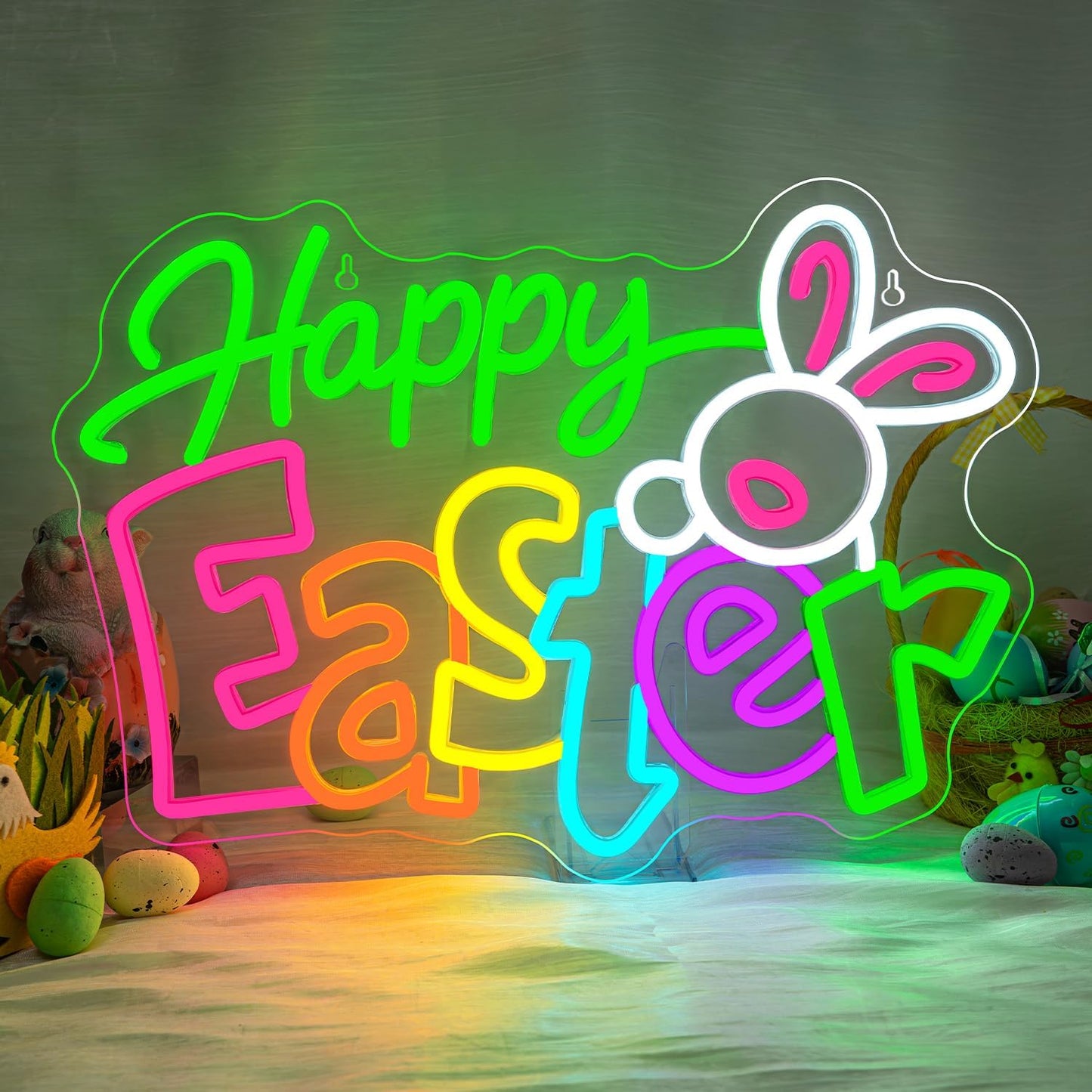 Letrero neón conejo Pascua LED decoración hogar