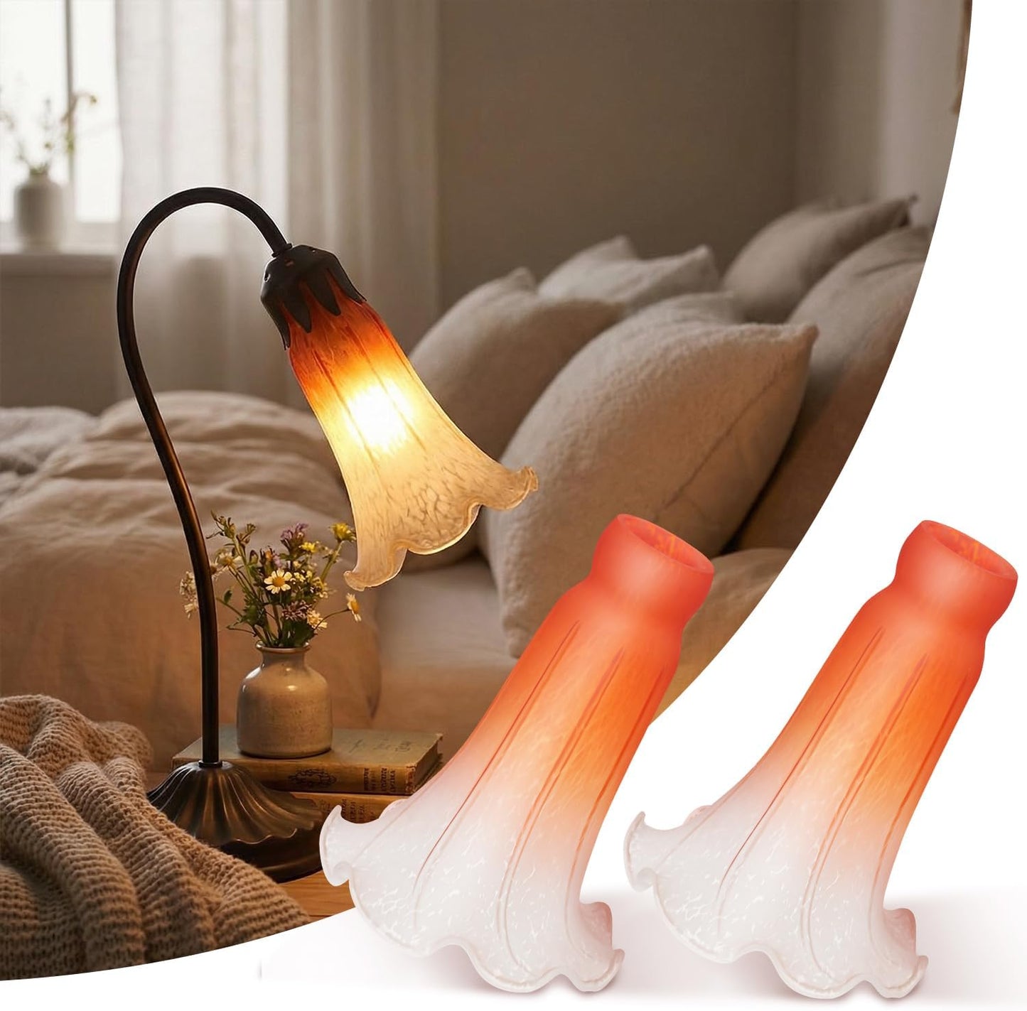 Set 2 Pantallas Vidrio Soplado Flores Lirio Naranja Blanco