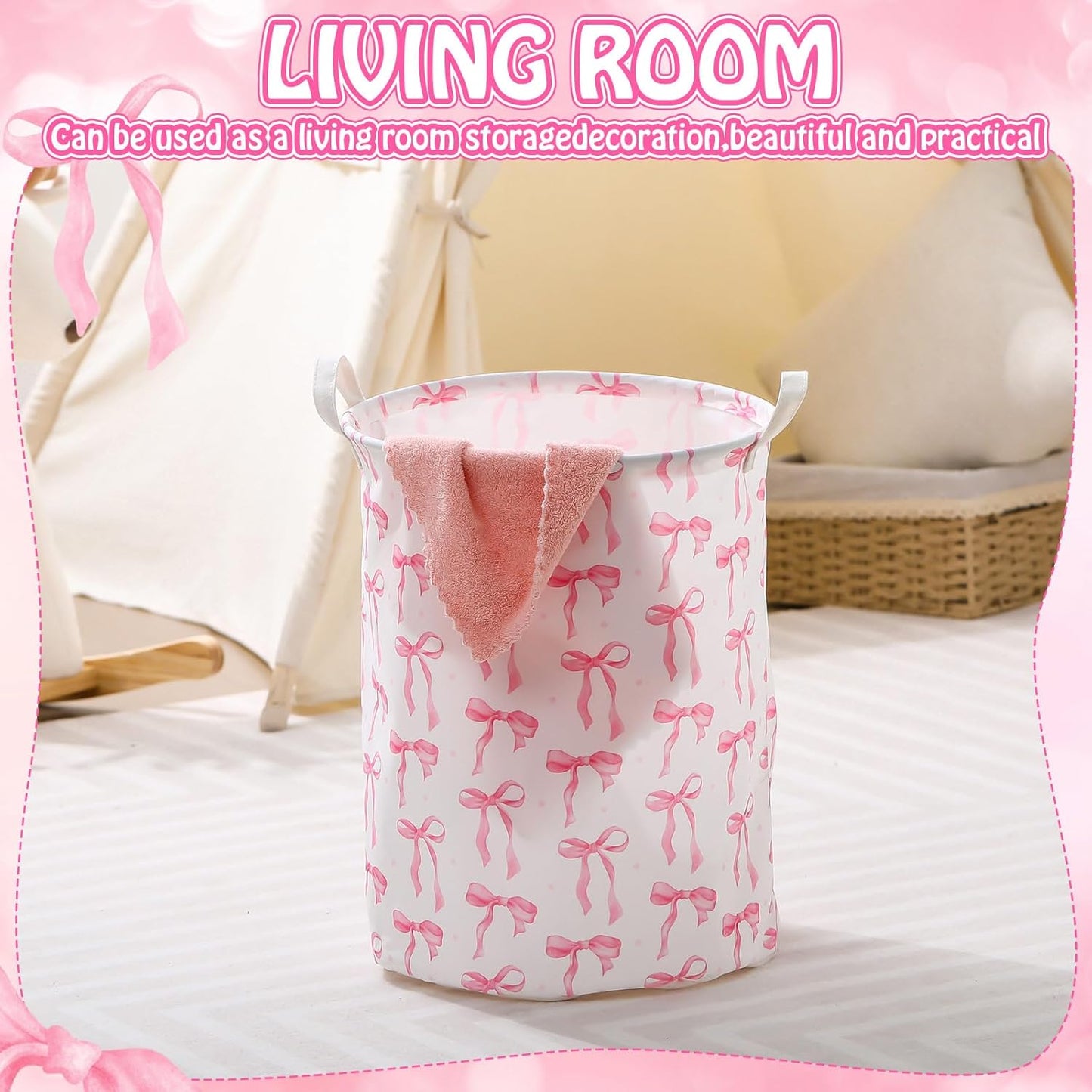Cesta lavandería con lazo rosa impermeable plegable