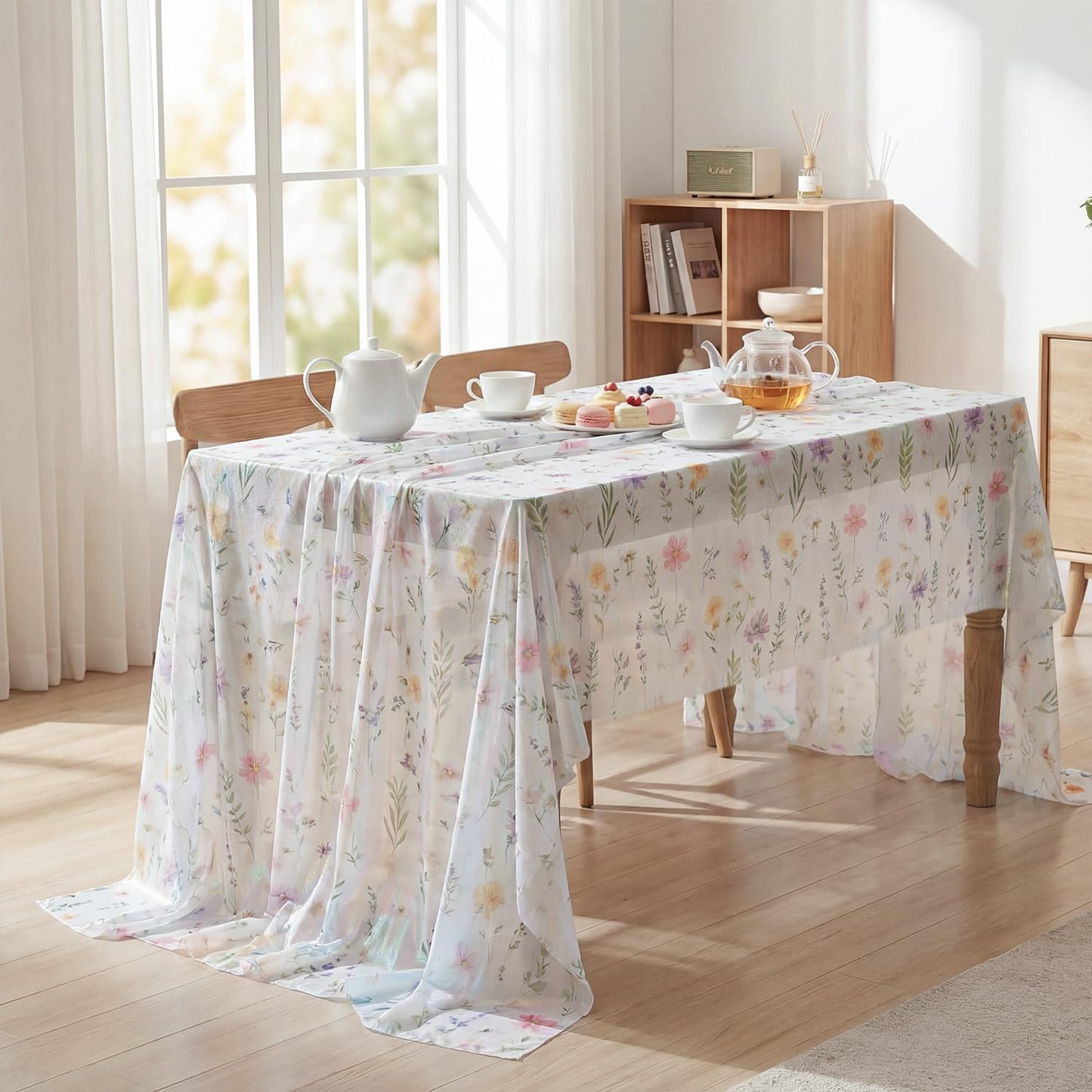 Mantel de tela transparente 60 x 60 pulgadas cuadrado primavera verano acuarela margaritas flores silvestres lavanda