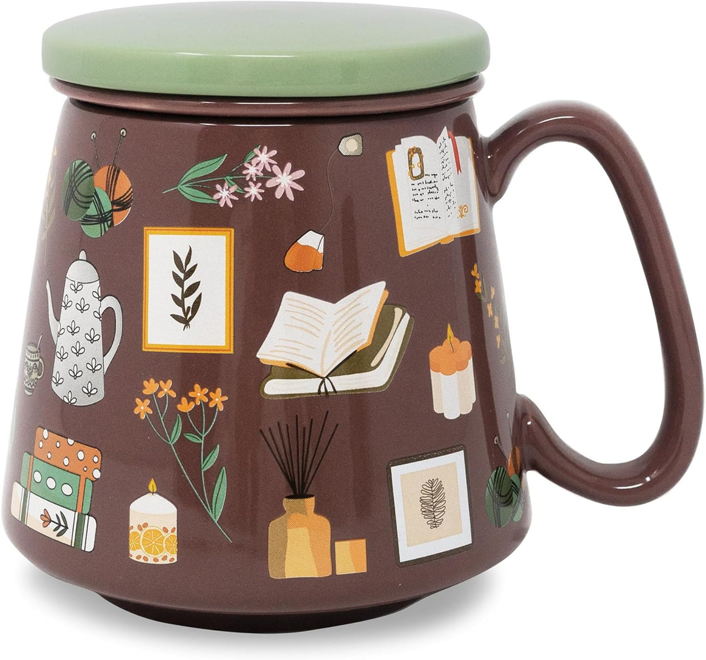 Taza infusora de té de cerámica con tapa y colador temática libro