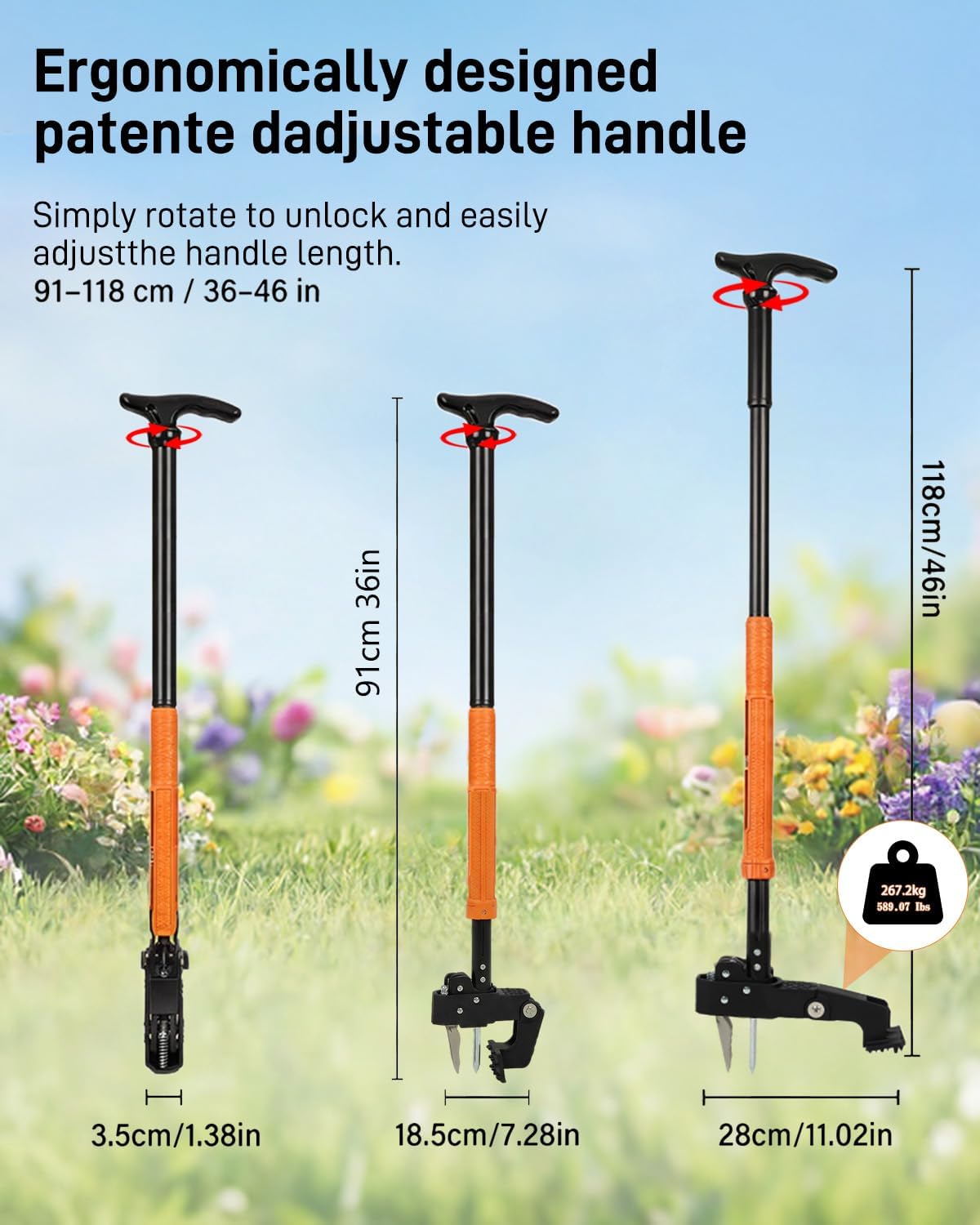Herramienta extracción malezas mango ajustable 36-46pulg 50L acero inox