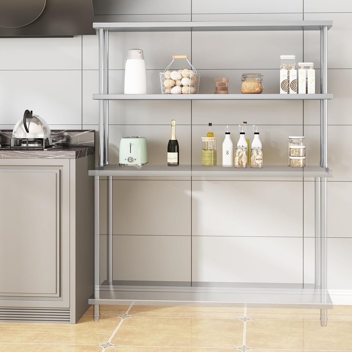 Estante de acero inoxidable doble ajustable para mesa de trabajo y cocina
