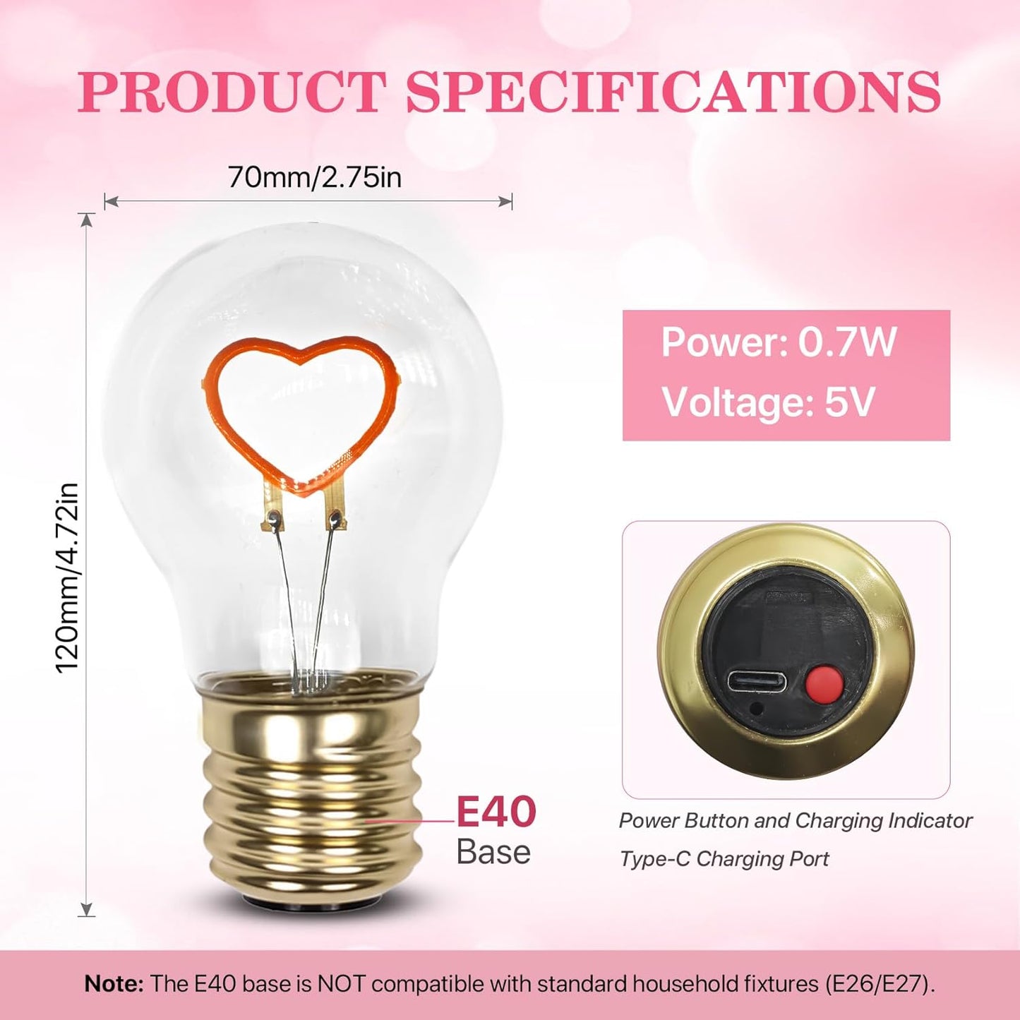 Bombilla E40 LED corazón lámpara Edison para regalo