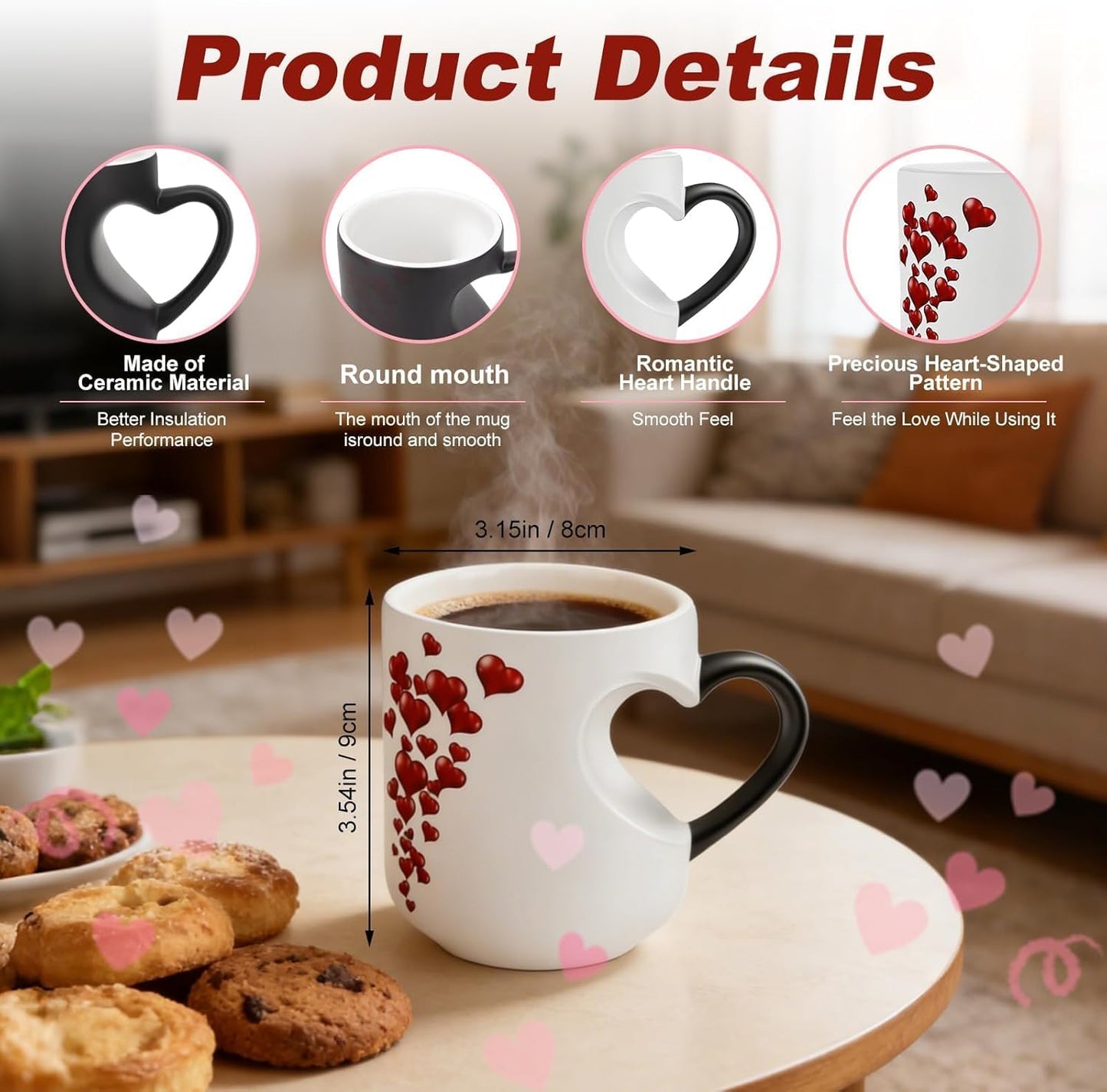 Taza de café mágica en forma de corazón con mango de corazón