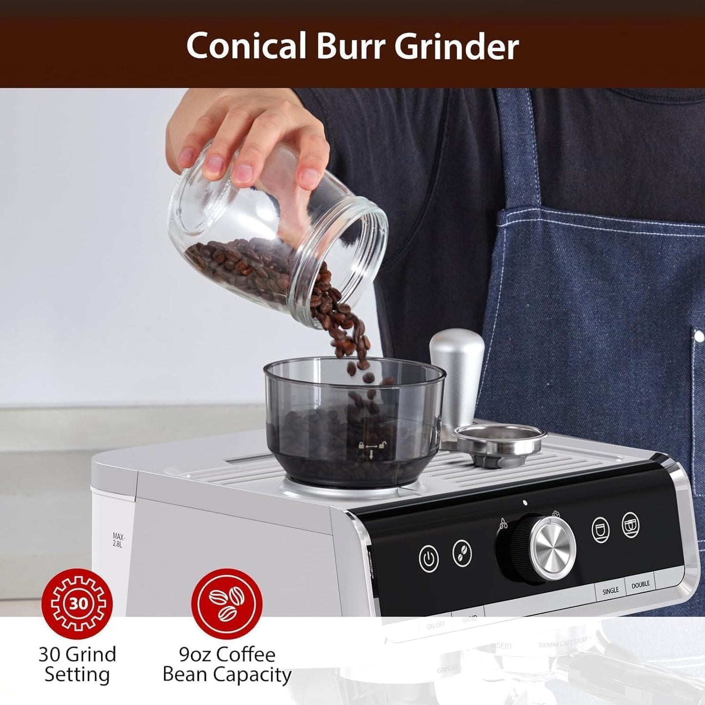 Máquina café semiautomática 1450W 20 bares 30 ajustes