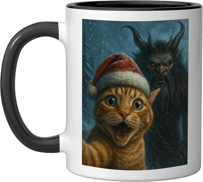 Taza cerámica Krampus gato selfie navidad horror meme negro/blanco