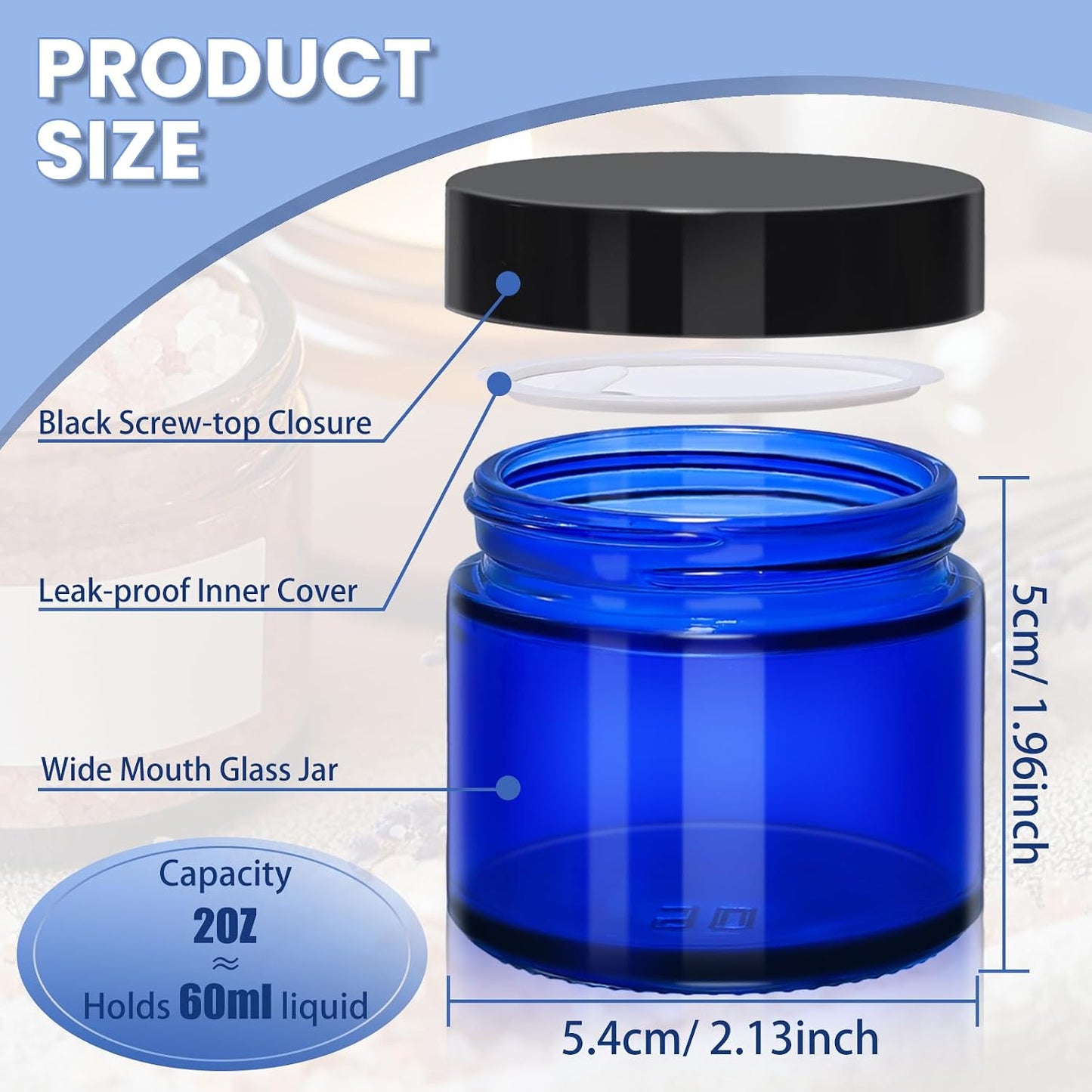 Tarros vidrio azul 2oz con tapas set 40 para cosméticos sellables