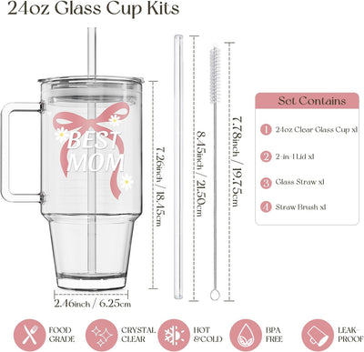 Vasos vidrio acanalado 24oz con tapas pajitas y asa
