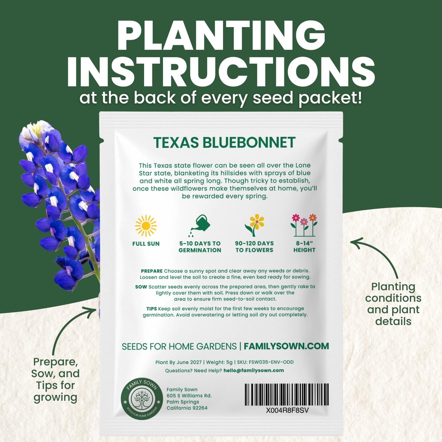 Semillas Texas Bluebonnet 150 unidades 0.18oz