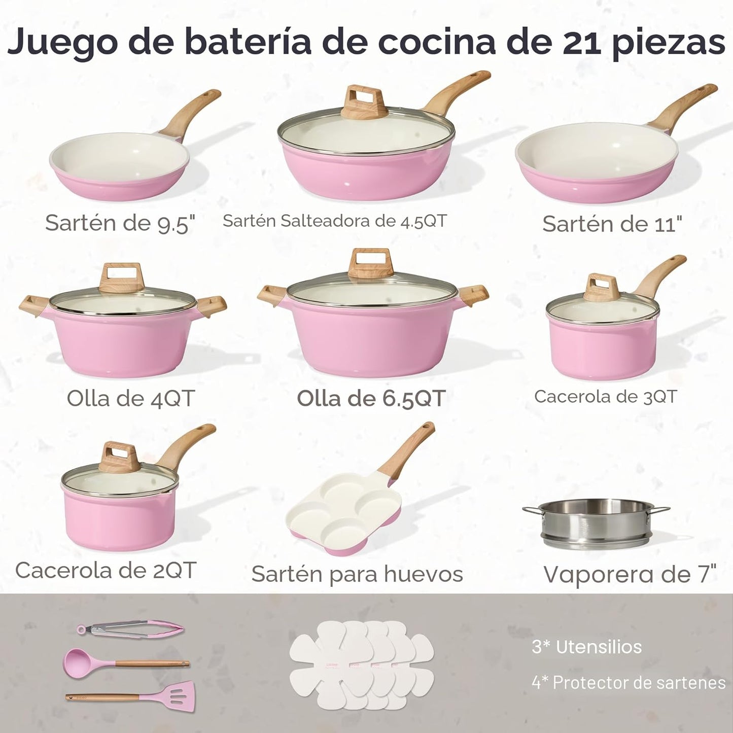 Set 21 Utensilios Cerámica Antiadherente Inducción Rosa