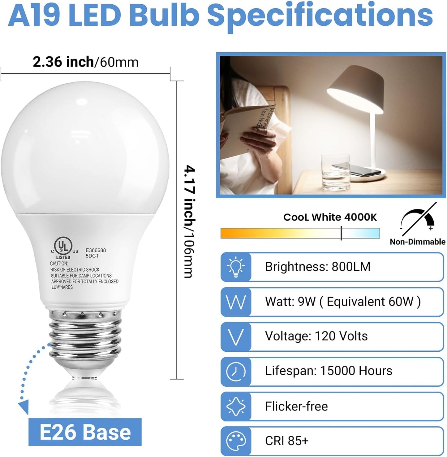 Paquete 6 bombillas LED A19 E26 4000K