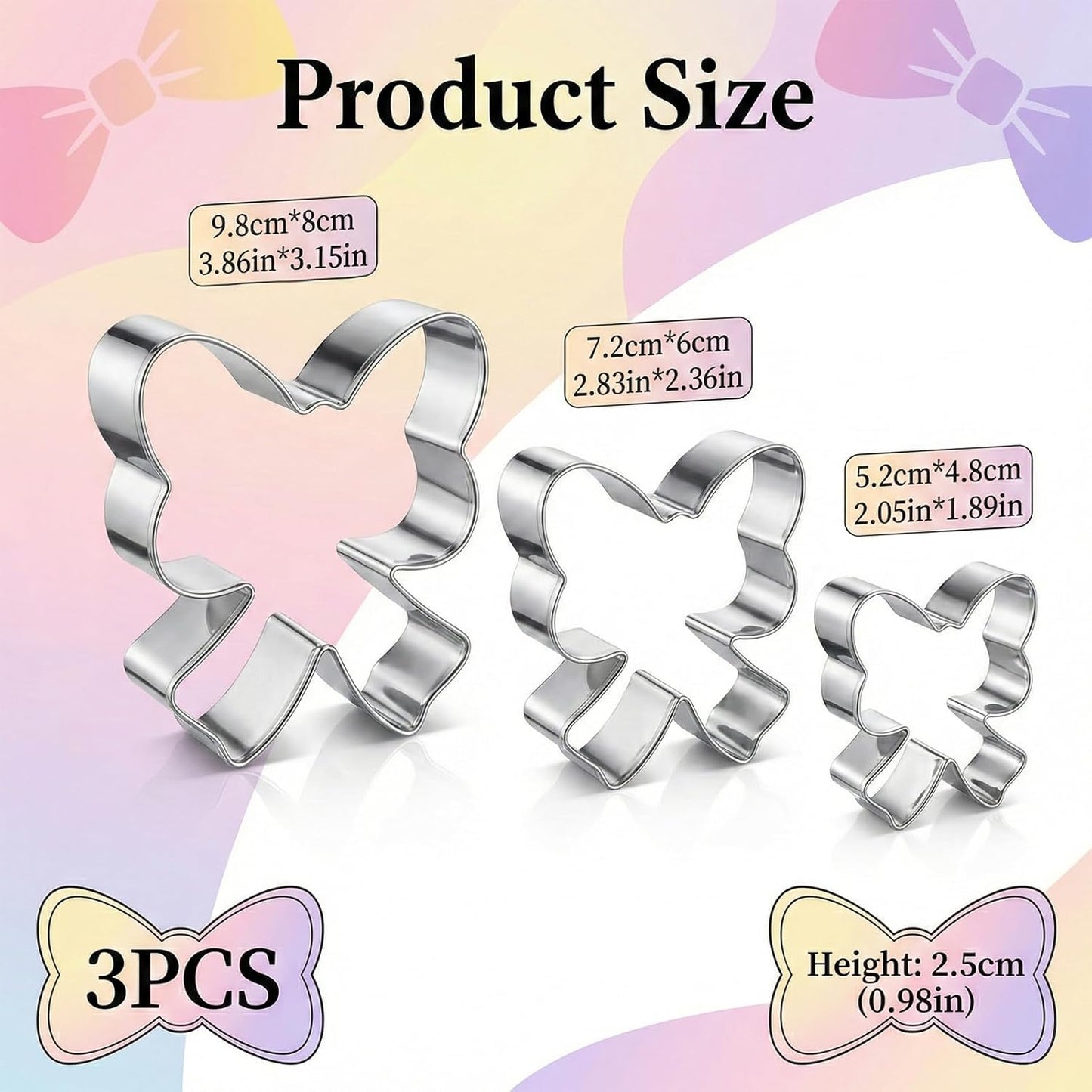 Juego de 3 moldes para galletas de acero inoxidable 3.86" 2.83" 2.05"