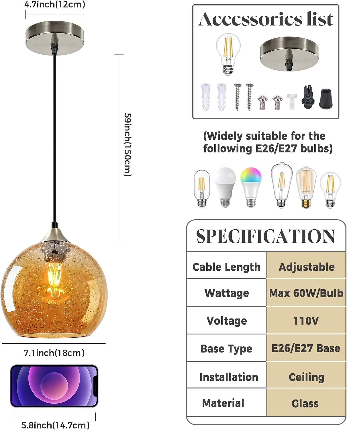 Lámpara colgante cristal ámbar isla cocina LED 4.92ft