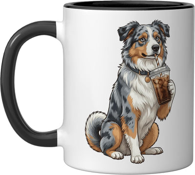 Taza cerámica para perro Australian Shepherd amante del café helado negra/blanca