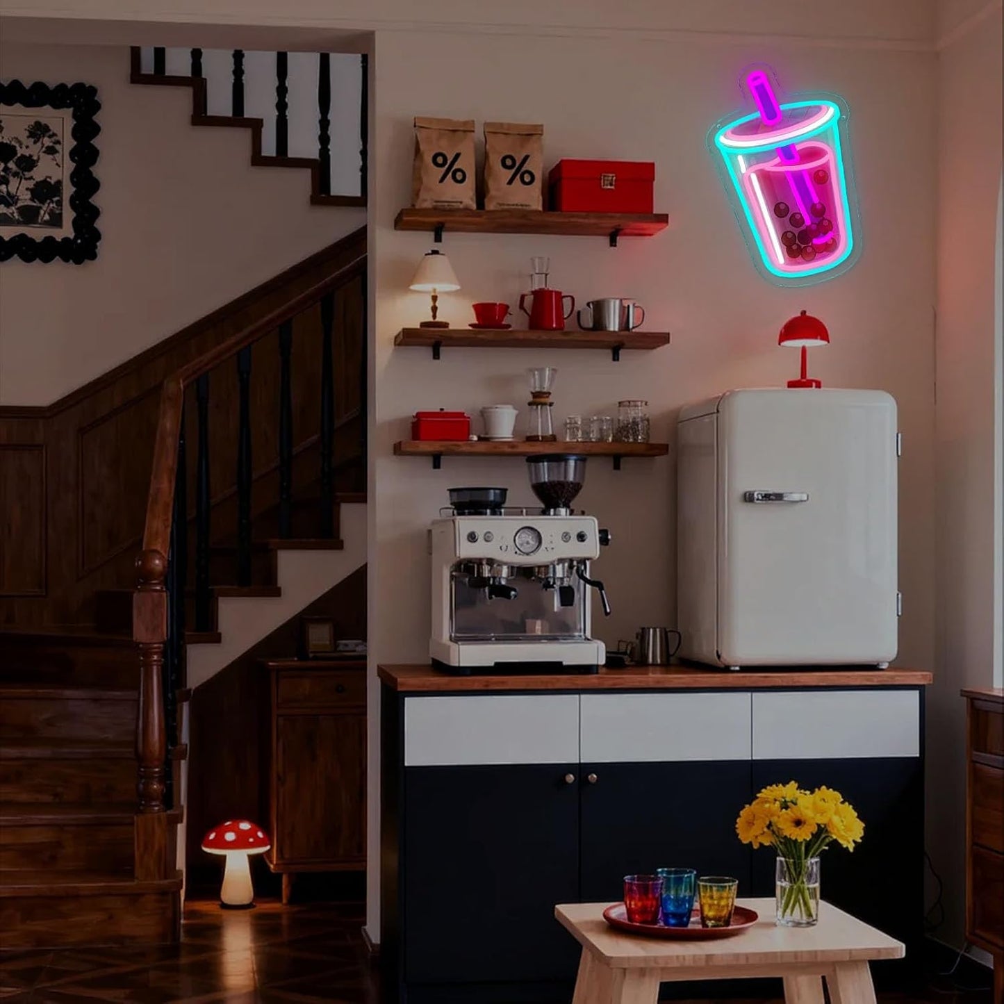 Letrero neón té boba LED USB para cocina dormitorio