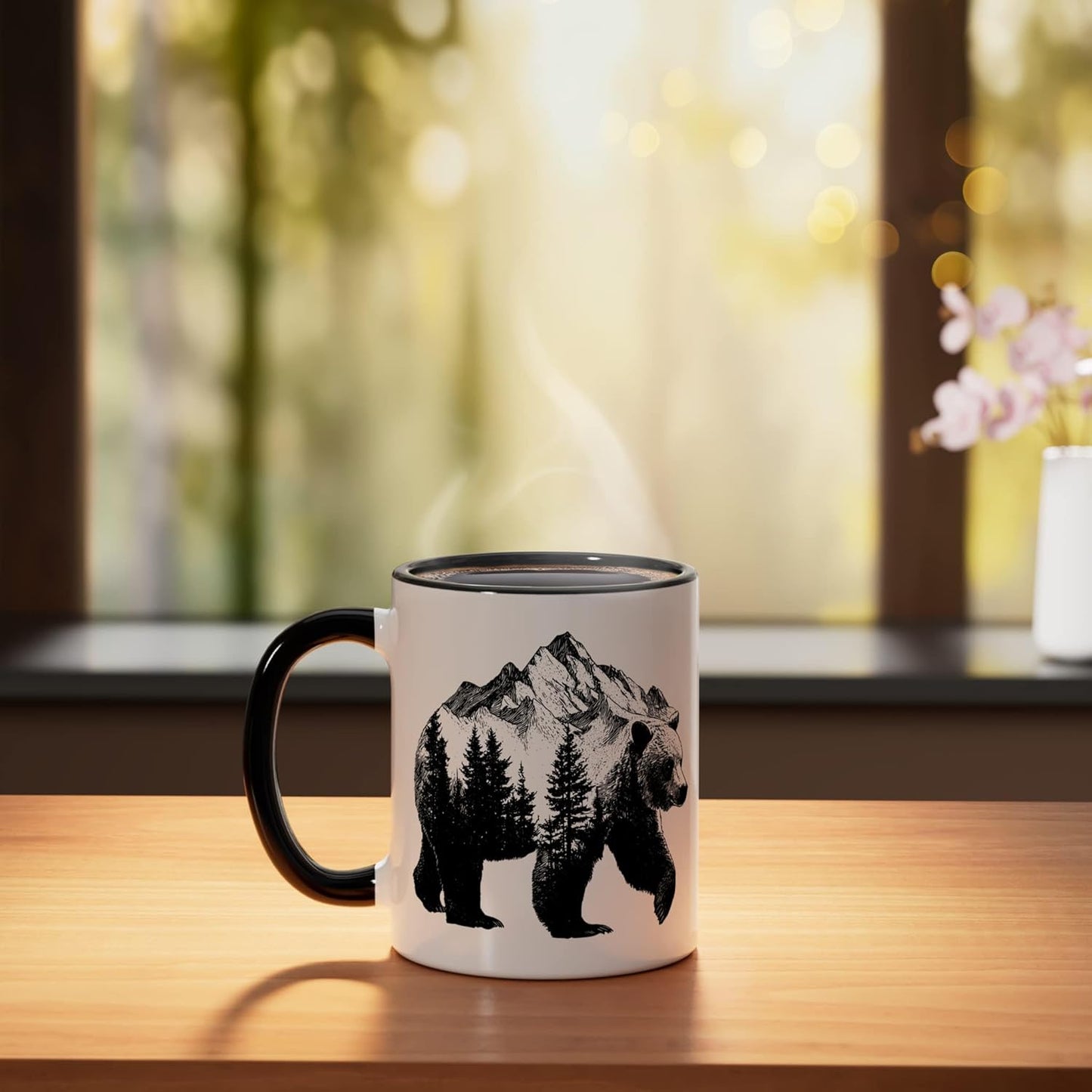 Taza cerámica arte grizzly bear cabeza montaña artística negra/blanca
