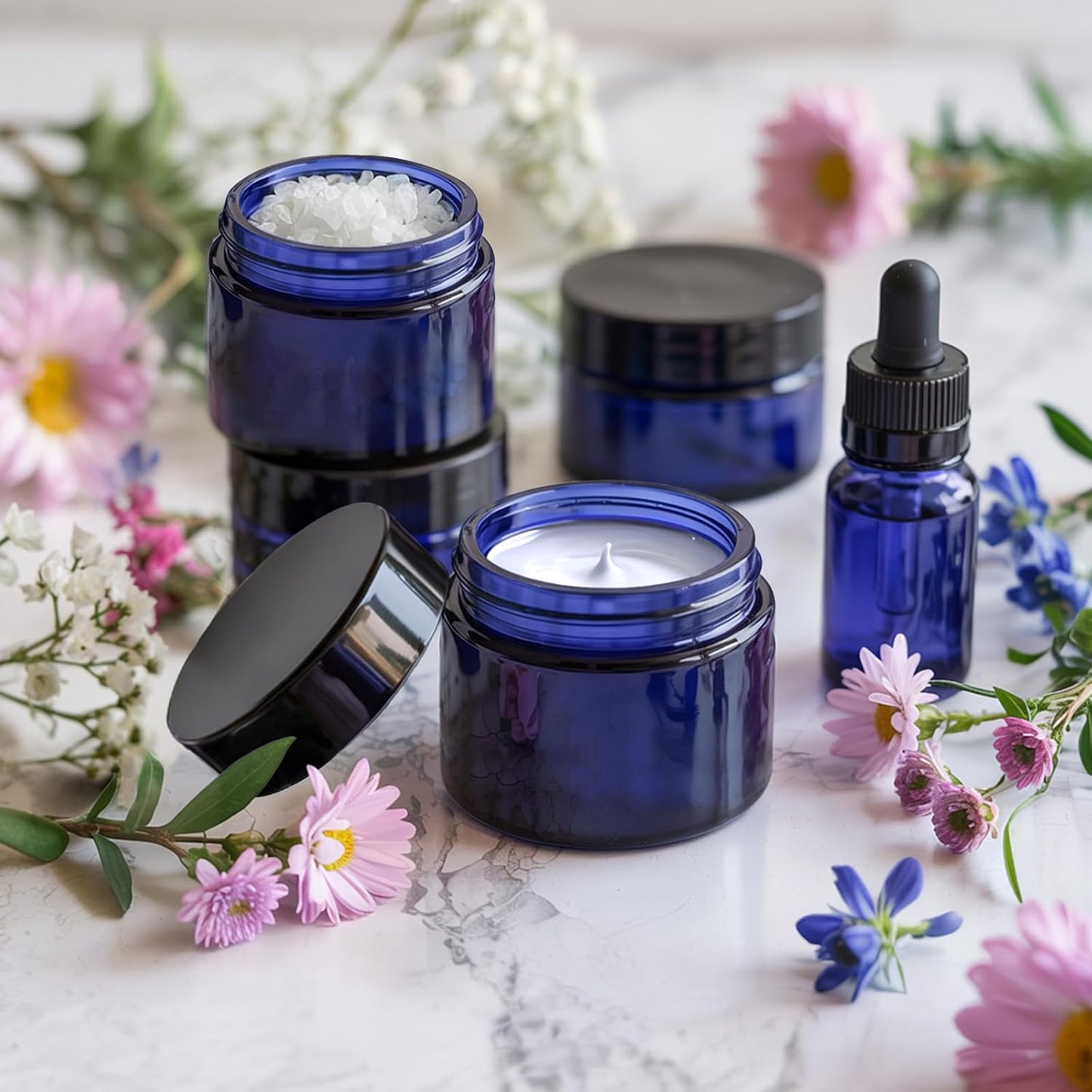 Tarros vidrio azul 2oz con tapas set 40 para cosméticos sellables