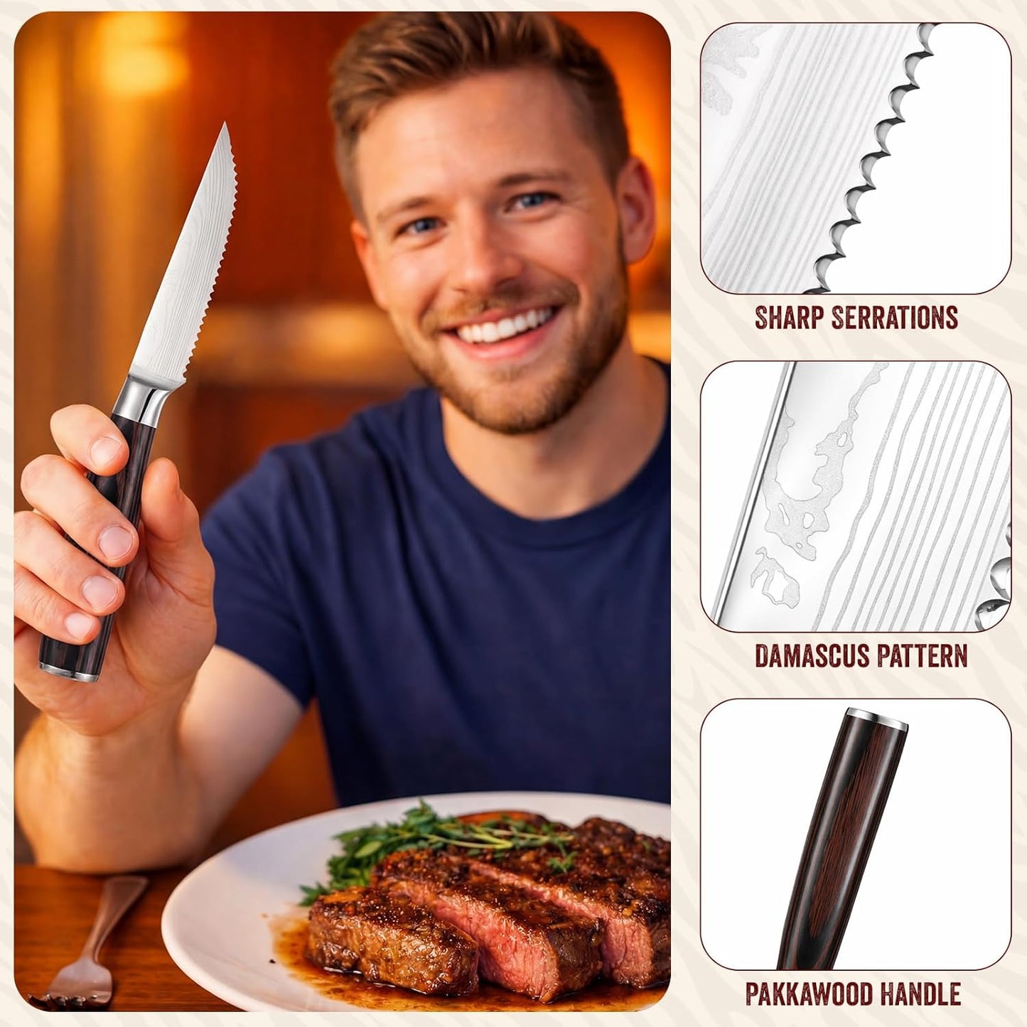 Set 12 Cuchillos Carne Acero Inox Mango Pakkawood
