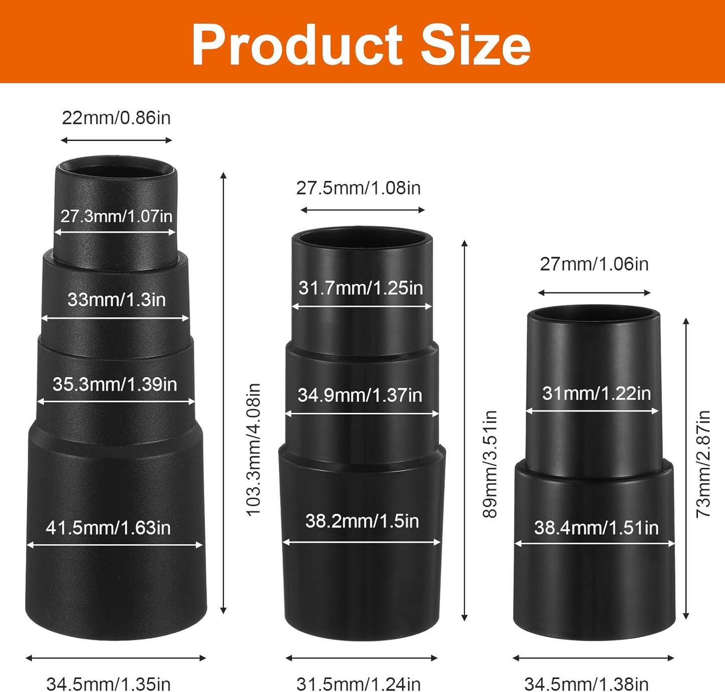 Kit 3 adaptadores manguera vacío 1-1/2" a 1-5/8" para aspiradora