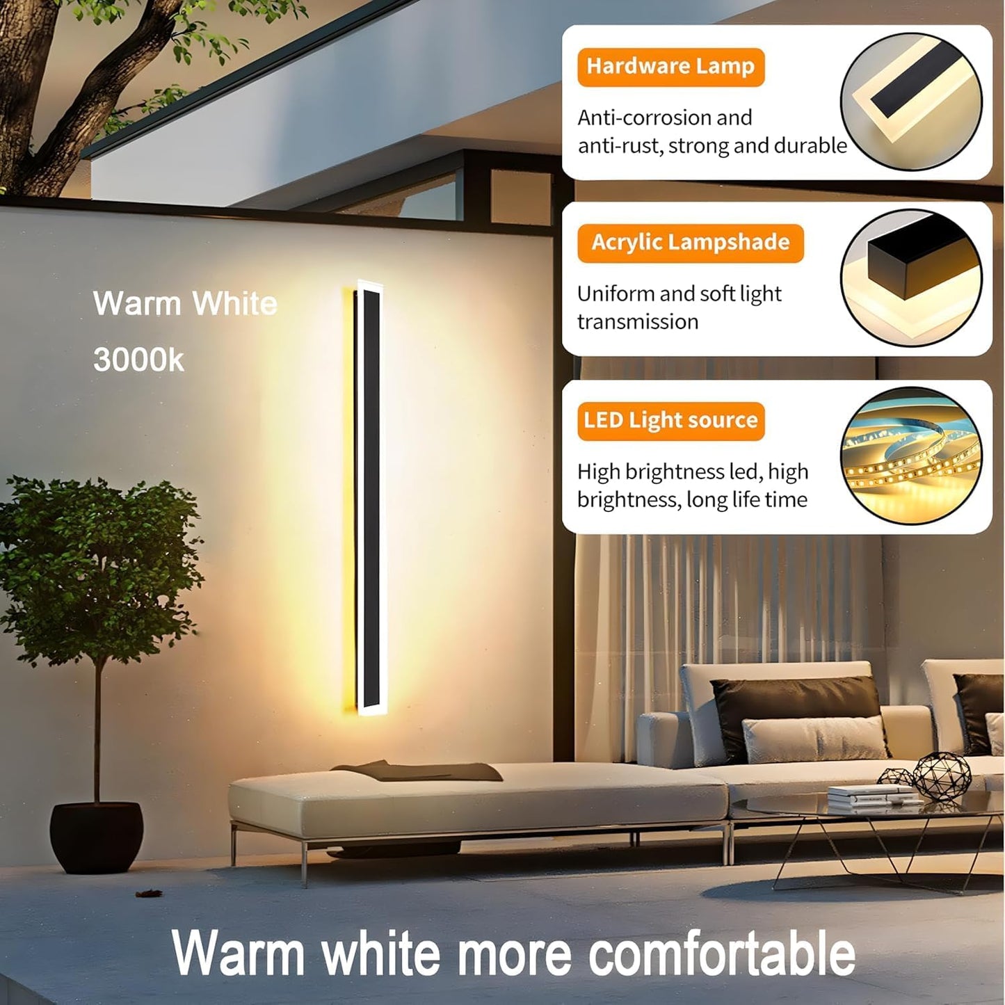 2 Lámparas pared LED 59pulg IP65 blanco cálido 110V acrílico