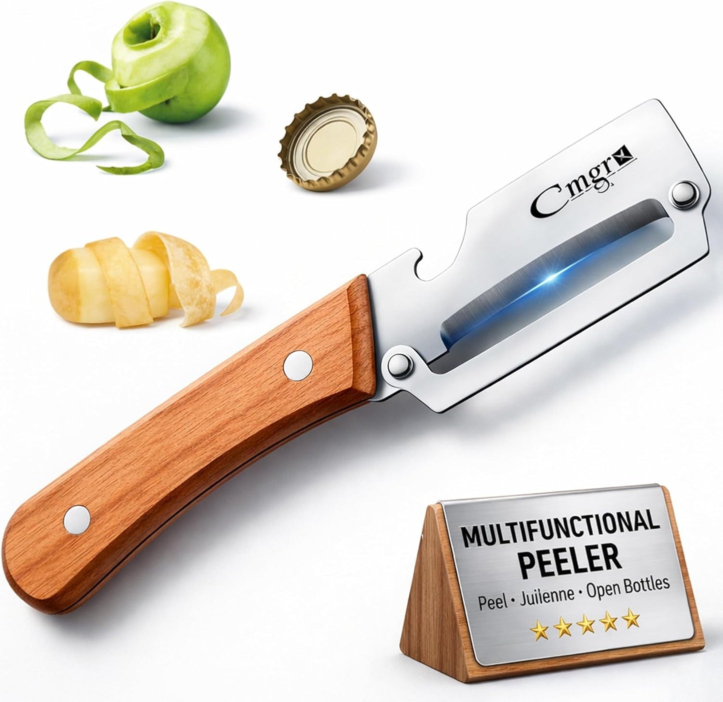 Pelador de verduras y frutas multifuncional de madera y acero inoxidable