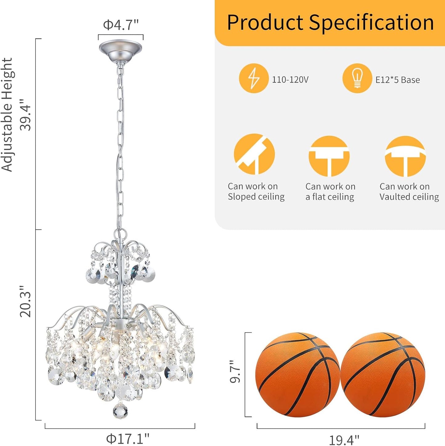 Candelabro colgante cristal 5 luces moderno 20.3pulg plateado