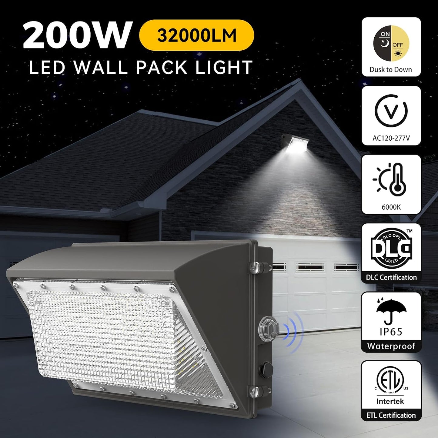 Luz LED pared 200W IP65 6000K fotocélula amanecer