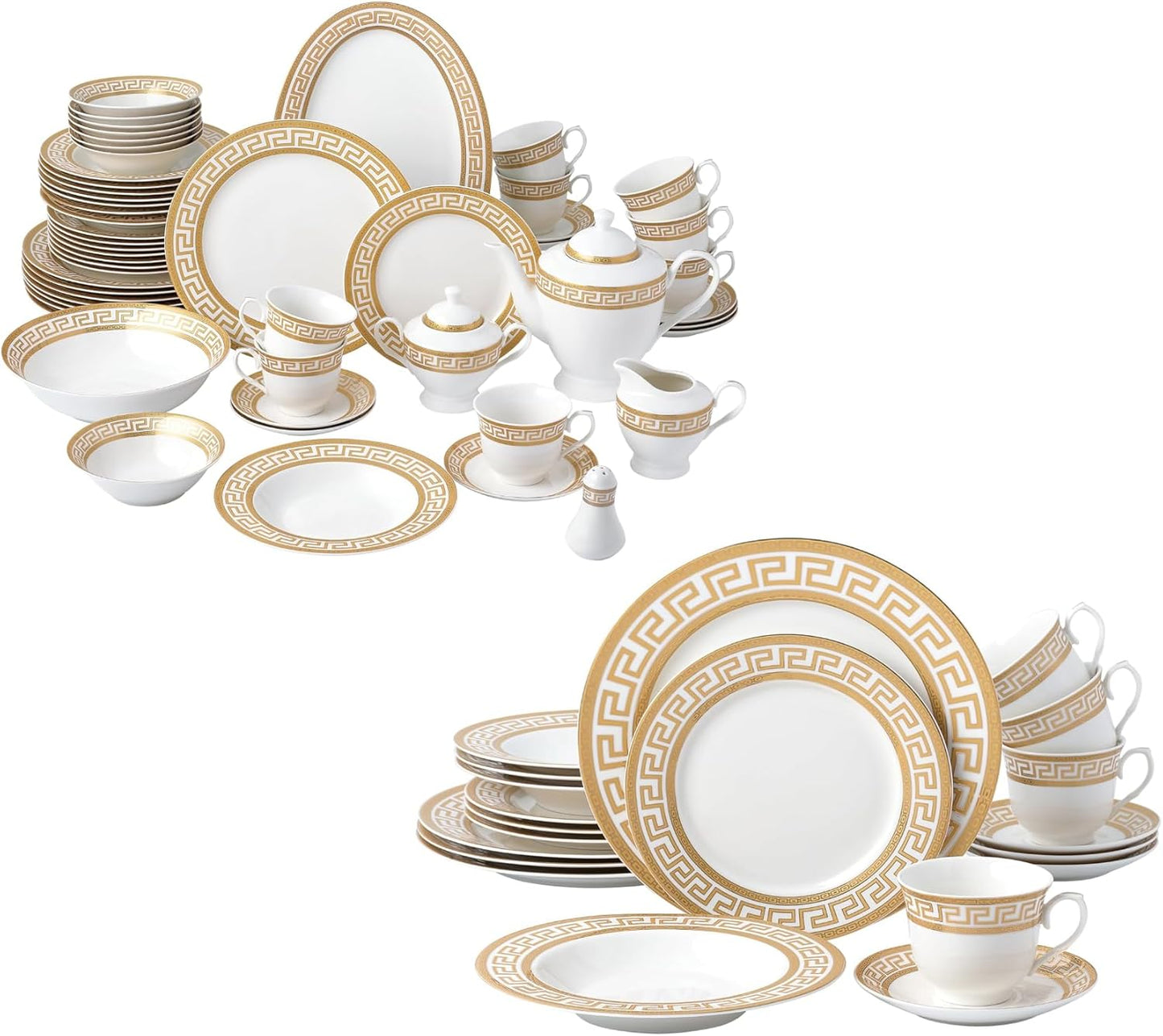 Set 77 Pzas Vajilla Porcelana Hueso Llave Griega Blanca Dorada