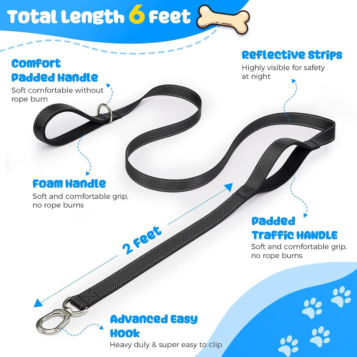 Correa perro duradera con clip metal reflectante 4-8ft