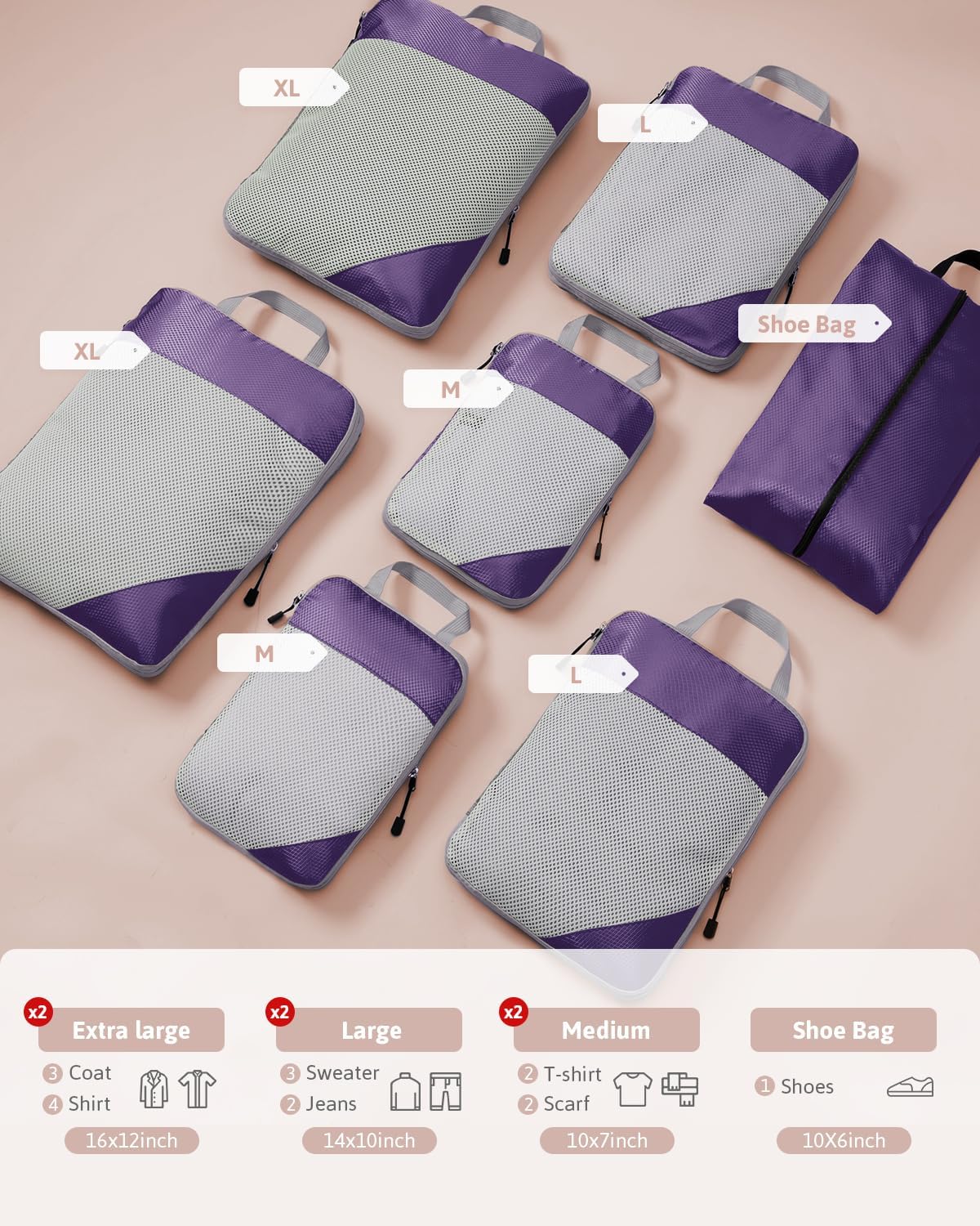 7 Pzas Cubos Viaje Malla Ripstop Organizador Maleta Expandible