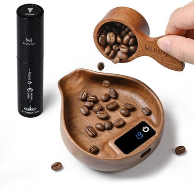 Báscula granos café con botella spray y cuchara dosis