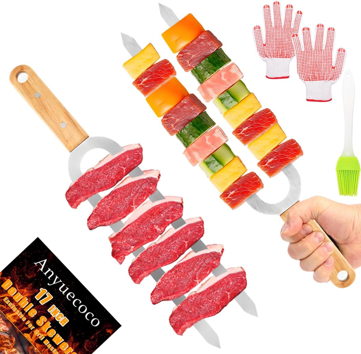 Brochetas parrilla 17pulg acero inox doble punta asar carne