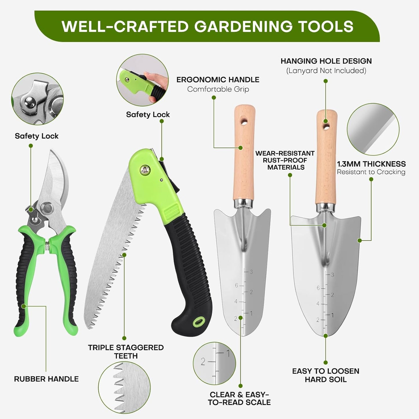 Set 62 Pzas Kit Jardinería con Pala Acero Inox Tijeras y Bolsa