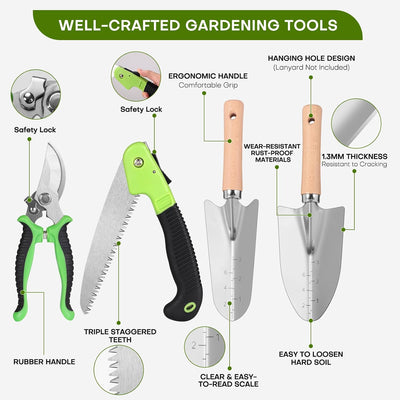 Set 62 Pzas Kit Jardinería con Pala Acero Inox Tijeras y Bolsa