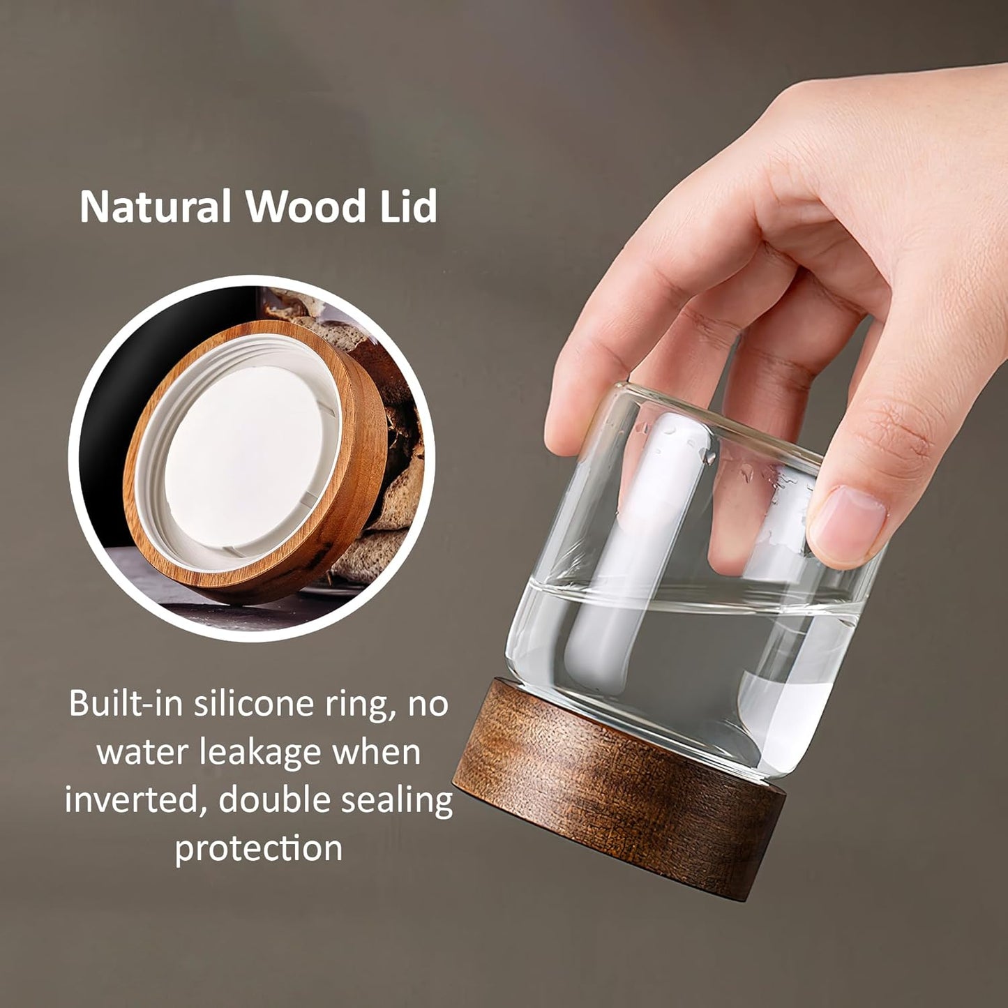 Recipiente de vidrio transparente con tapa de madera hermética para almacenar líquidos y avena