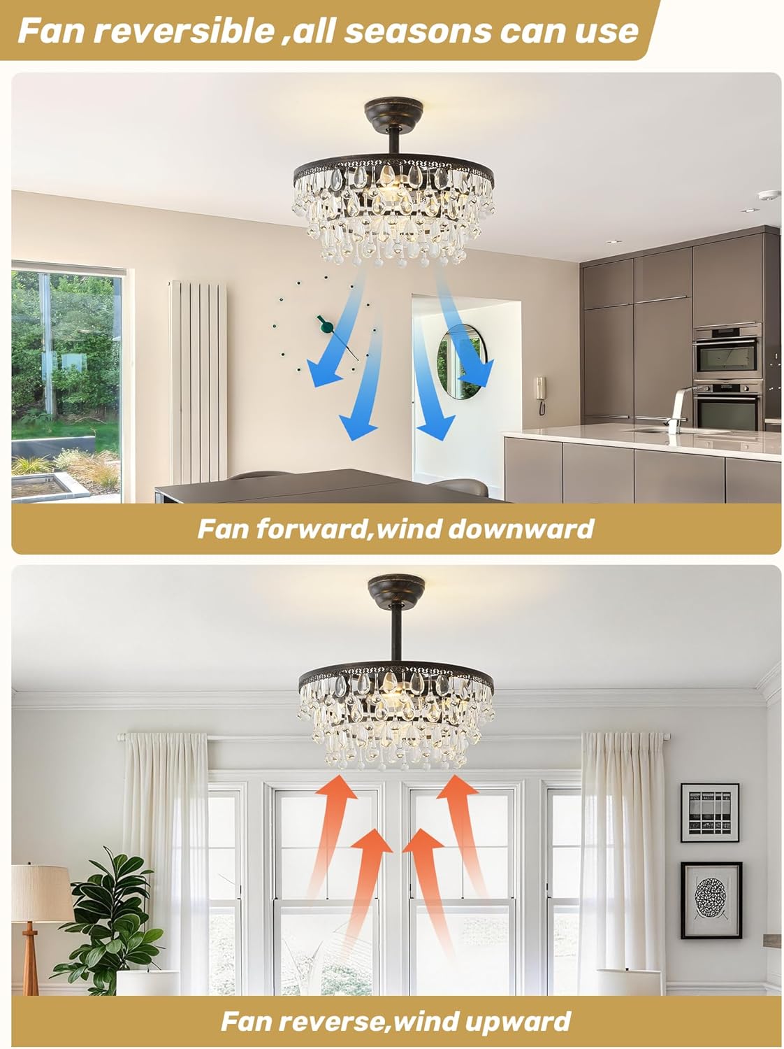 Ventilador techo con luz cristal negro 20pulg 6 velocidades