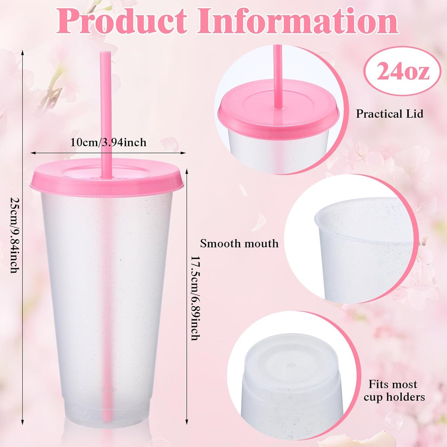 60 Vasos Plástico con Popote Tapa 24-27oz Transparente Rosa