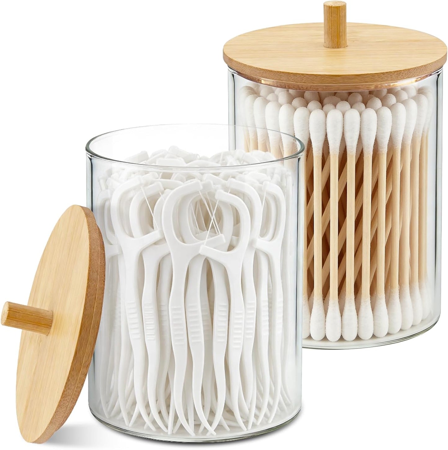 Juego dispensador vidrio Qtip con tapas bambú 10oz