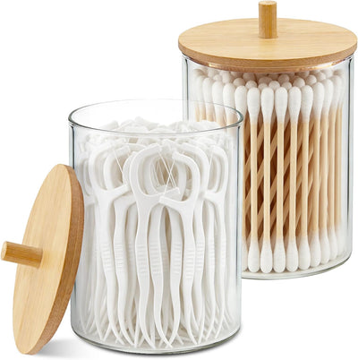Juego dispensador vidrio Qtip con tapas bambú 10oz