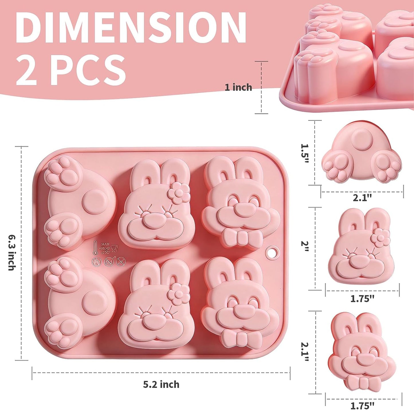 Moldes de silicona para cubos de hielo de conejo y decoraciones de cupcakes, paquete de 2