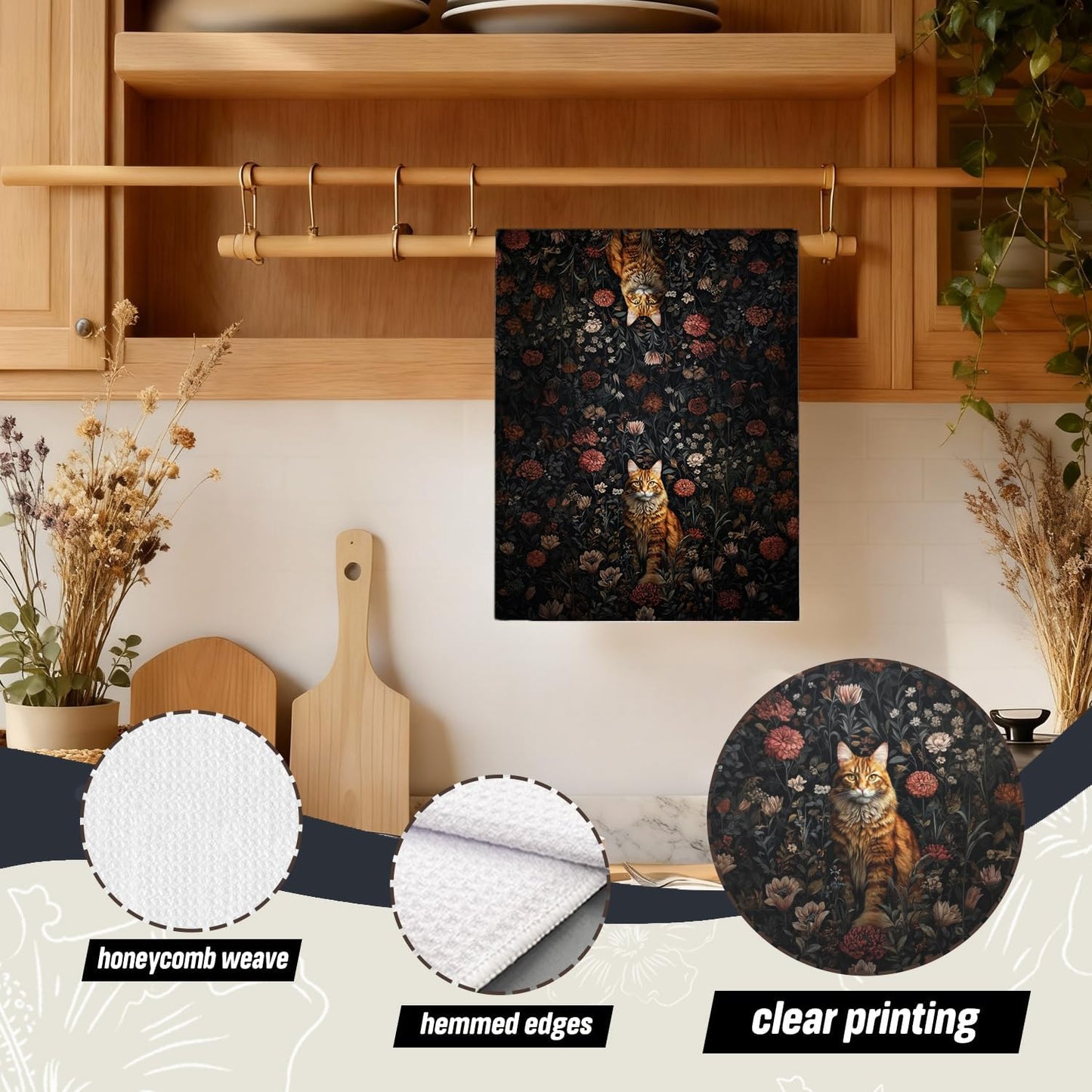 Toalla de cocina vintage Moody Floral Tabby Cat 16 x 24