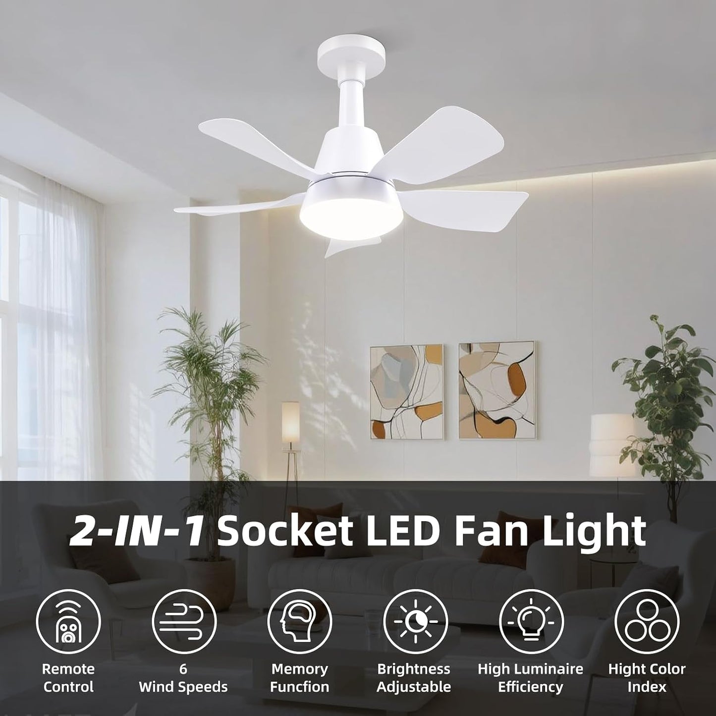 Ventilador enchufe luz control remoto 3000K-6500K 5 cuchillas