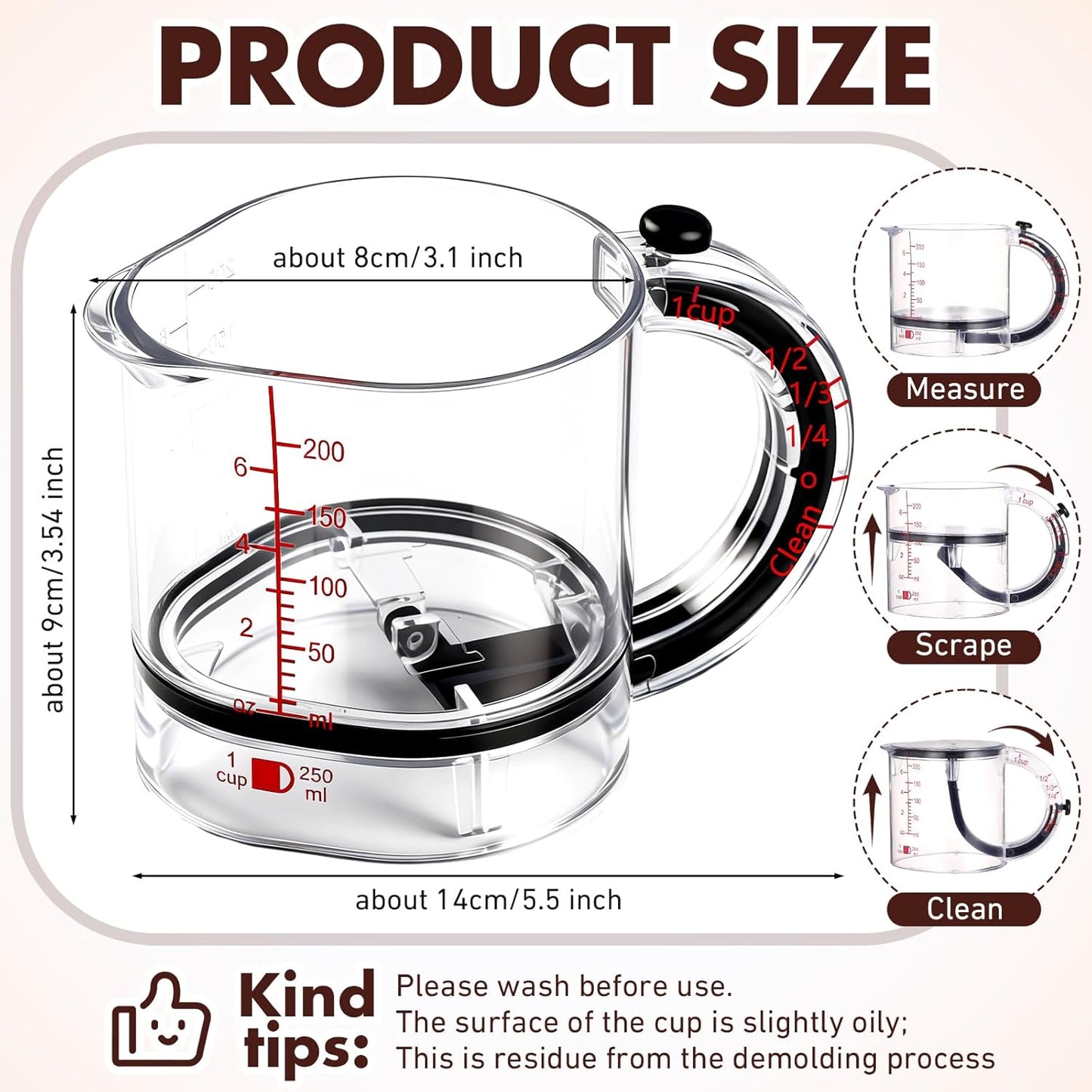 Taza medidora ajustable 4 en 1 con base de sello estilo raspador