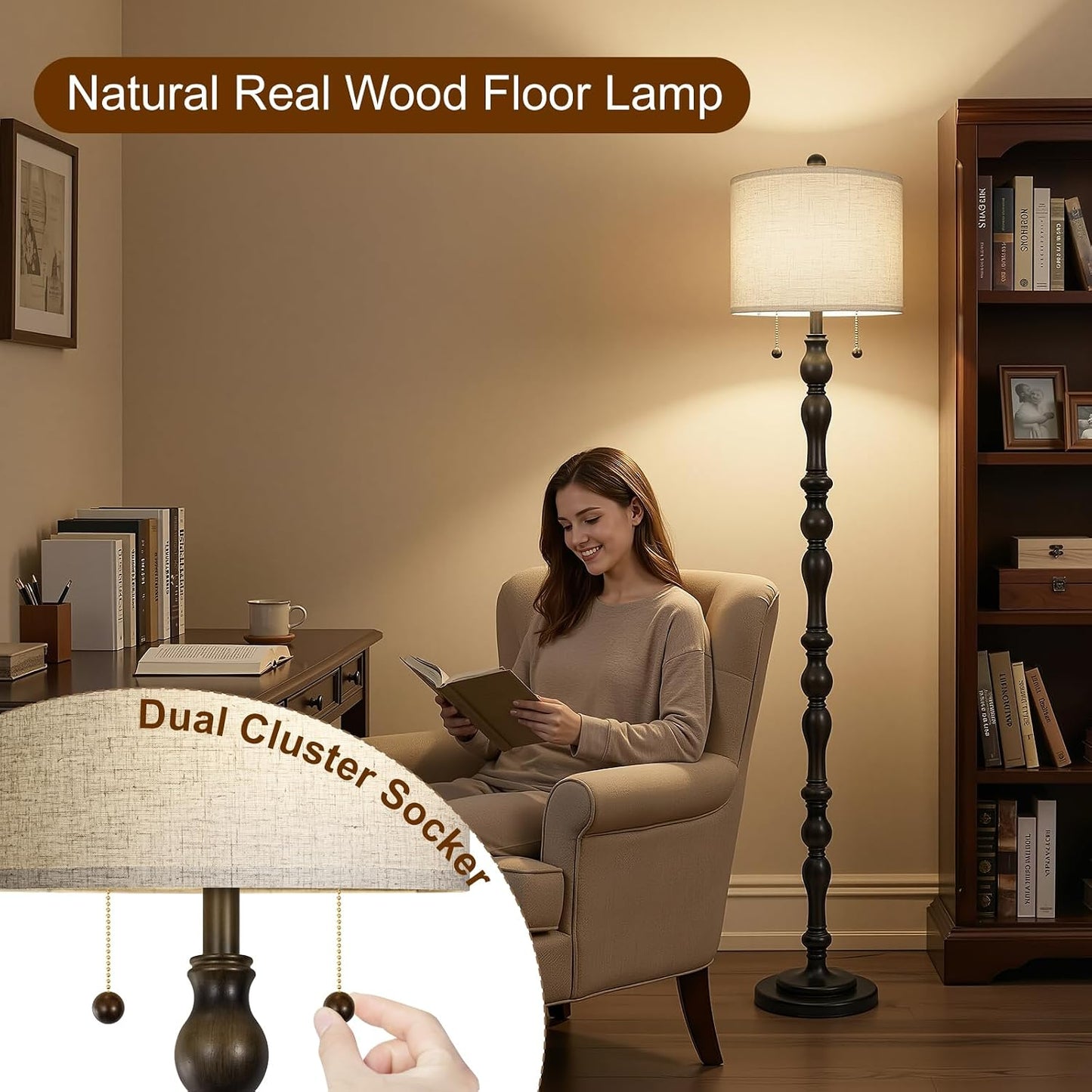 Lámpara pie rústica madera natural 65.5 interruptor doble tirón