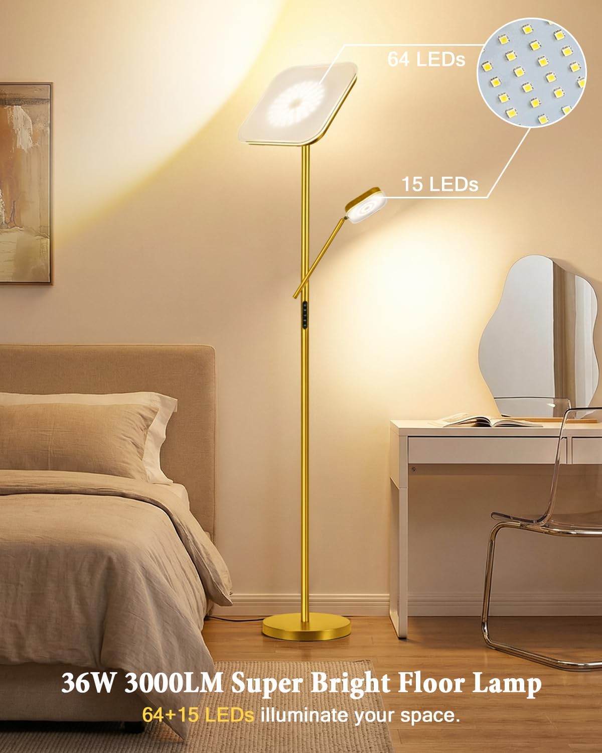 Lámpara pie LED 36W 3000lm negra regulable sala estar