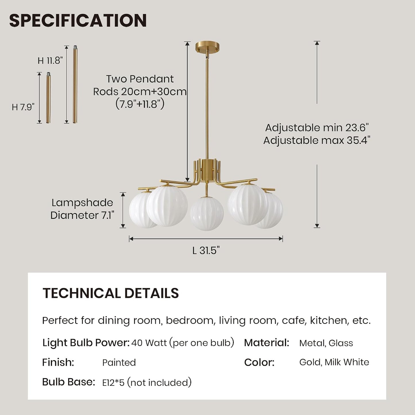 Candelabro cristal blanco 5 luces lámpara colgante Sputnik