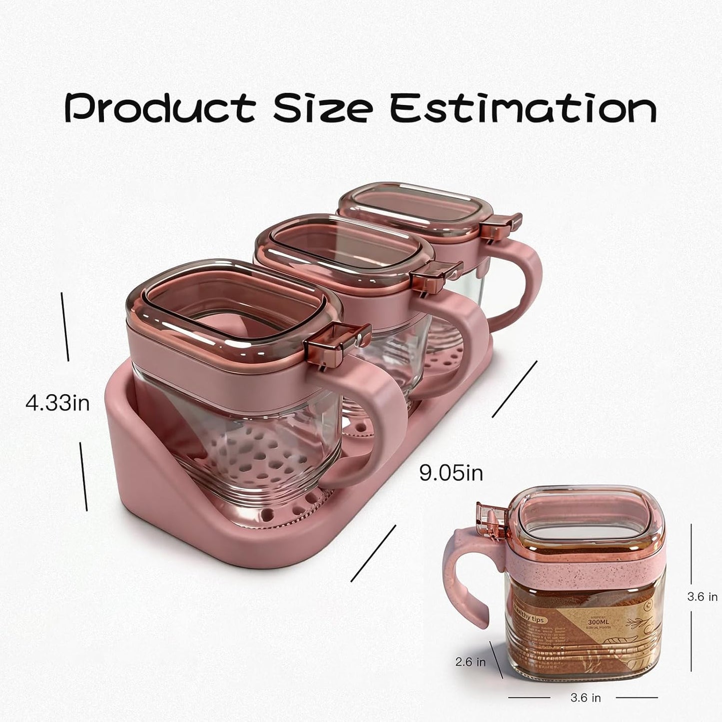 Set 3 tarros vidrio rosa con tapas y asas para especias café