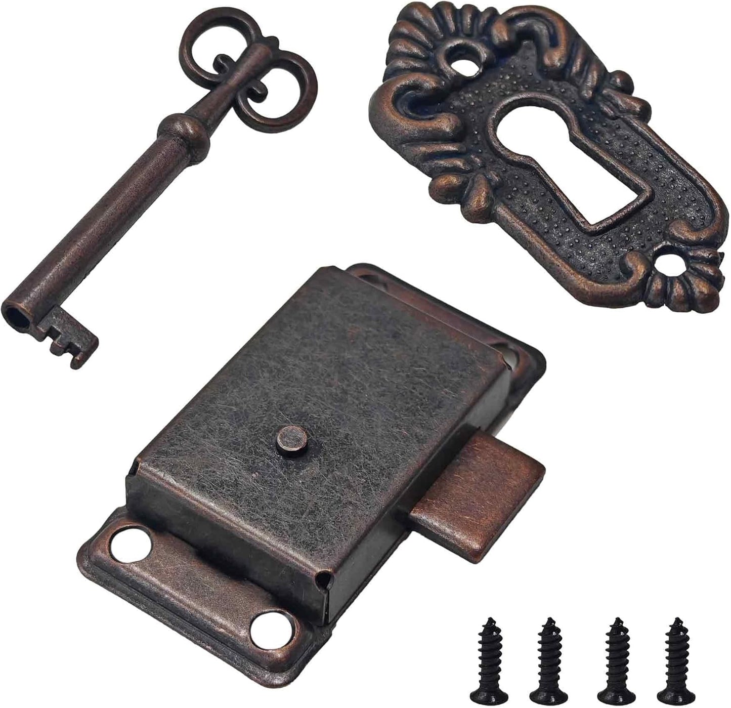 Candado vintage para muebles con llave y tornillos rojo bronce
